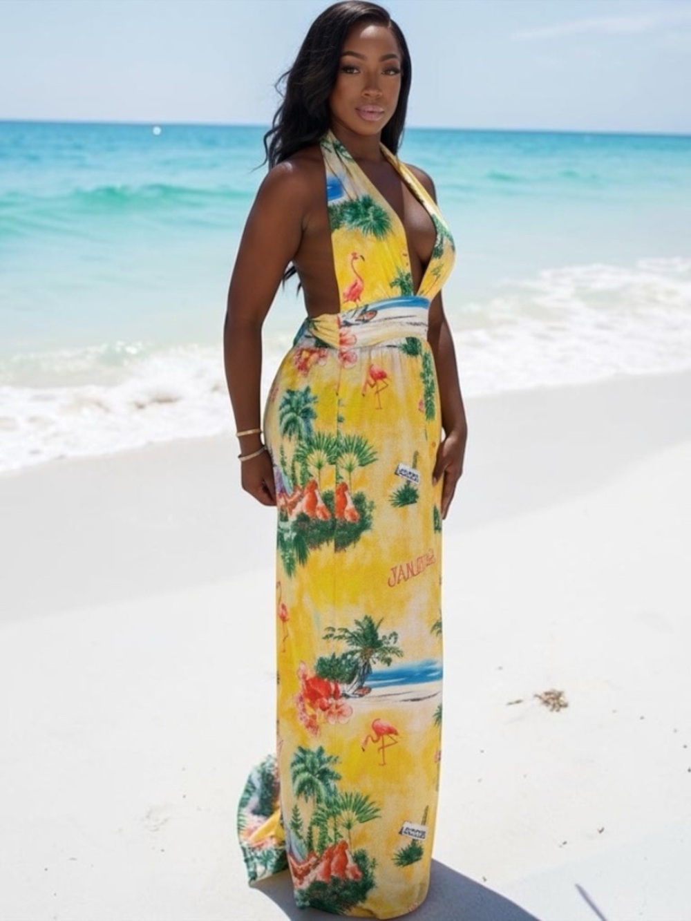 NWT Endless Moon Jamaica Sunset Halter Jumpsuit - Yellow Tropical Print Small